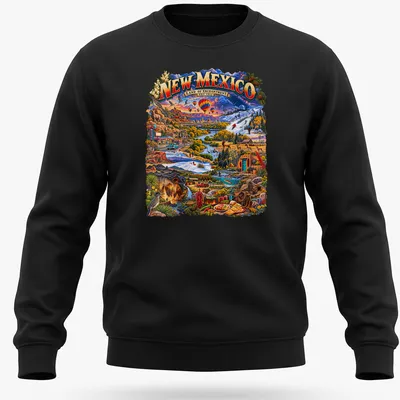 Vintage travel t-shirt featuring New Mexico landscape and attractions. — printed on a unisex sweatshirt