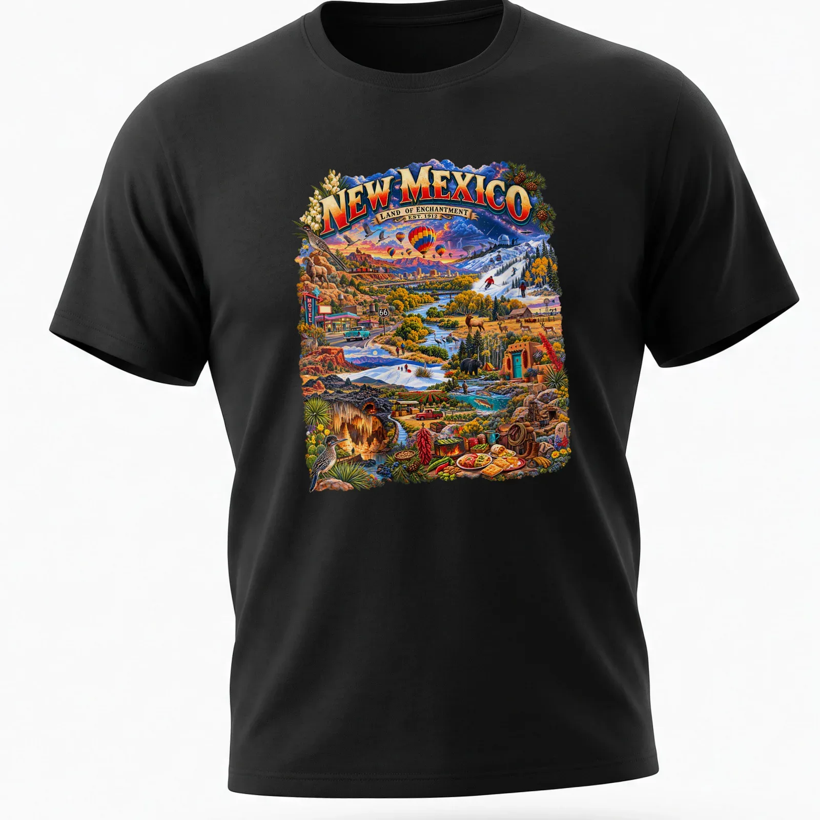 Vintage travel t-shirt featuring New Mexico landscape and attractions. — printed on a unisex t-shirt
