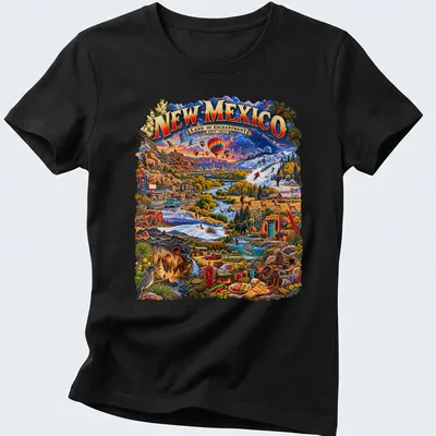 Vintage travel t-shirt featuring New Mexico landscape and attractions. — printed on a women's shirt