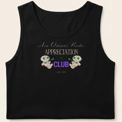 Playful cartoon voodoo dolls with text for New Orleans Voodoo Appreciation Club. — printed on a tank top