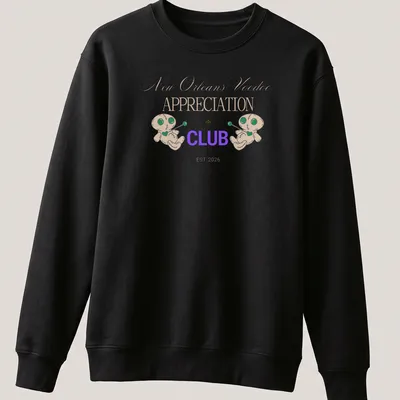Playful cartoon voodoo dolls with text for New Orleans Voodoo Appreciation Club. — printed on a unisex sweatshirt
