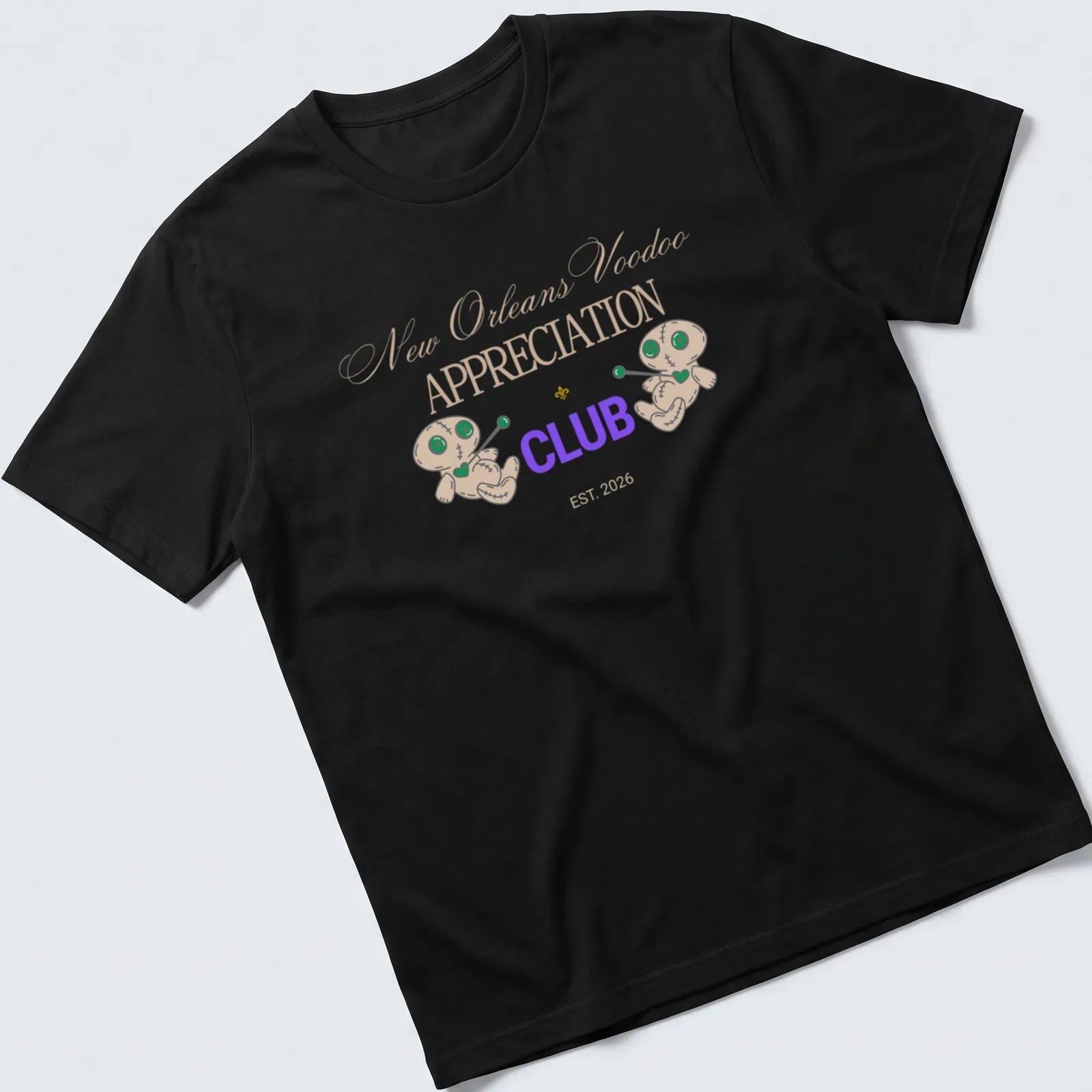 Playful cartoon voodoo dolls with text for New Orleans Voodoo Appreciation Club. — printed on a unisex t-shirt
