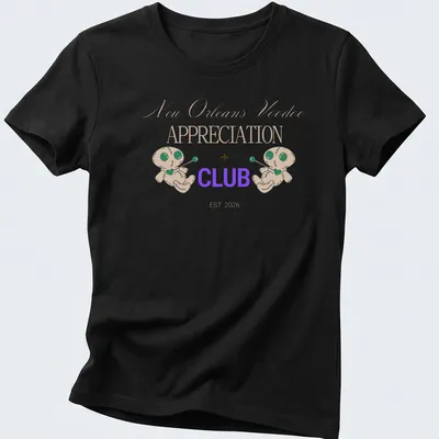 Playful cartoon voodoo dolls with text for New Orleans Voodoo Appreciation Club. — printed on a women's shirt
