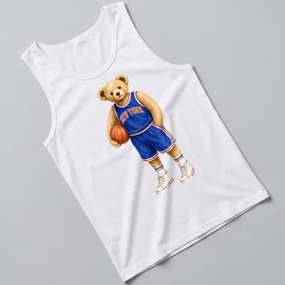 Realistic print of a teddy bear basketball player with New York text — printed on a tank top