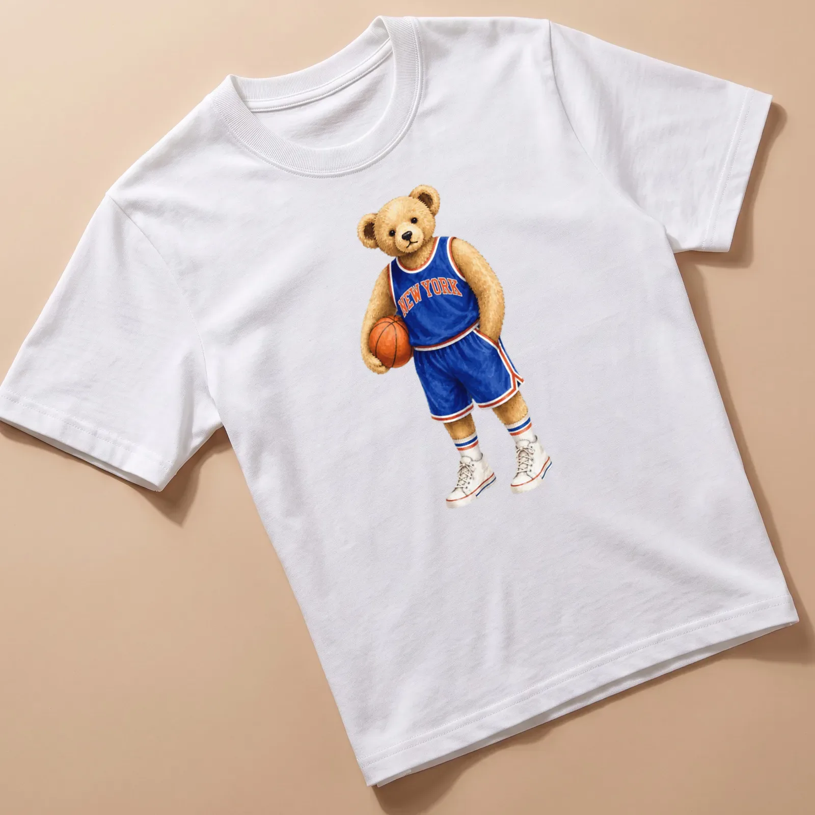 Realistic print of a teddy bear basketball player with New York text — printed on a unisex t-shirt