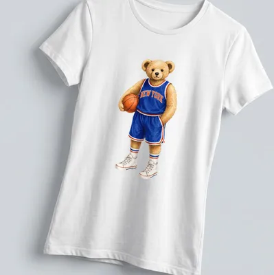 Realistic print of a teddy bear basketball player with New York text — printed on a women's shirt