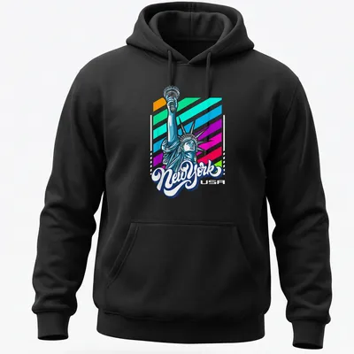 Colorful graphic of the Statue of Liberty with New York text — printed on a unisex hoodie