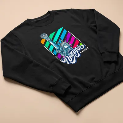 Colorful graphic of the Statue of Liberty with New York text — printed on a unisex sweatshirt