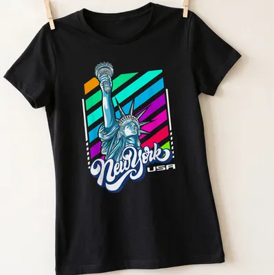 Colorful graphic of the Statue of Liberty with New York text — printed on a women's shirt