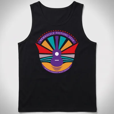 Colorful festival logo featuring a guitar and the text for Newkulele Festival 2026 — printed on a tank top