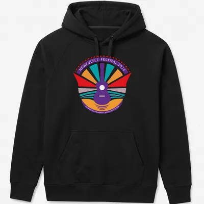 Colorful festival logo featuring a guitar and the text for Newkulele Festival 2026 — printed on a unisex hoodie