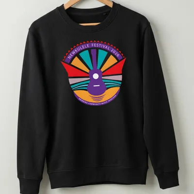 Colorful festival logo featuring a guitar and the text for Newkulele Festival 2026 — printed on a unisex sweatshirt