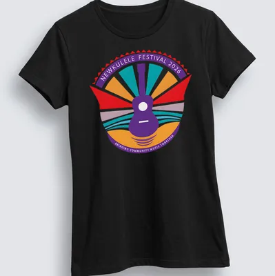 Colorful festival logo featuring a guitar and the text for Newkulele Festival 2026 — printed on a women's shirt