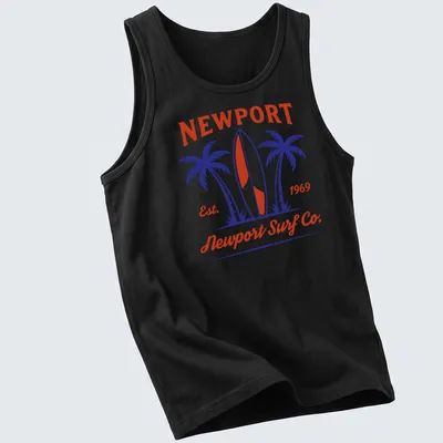 Vintage badge design featuring surfboard and palm trees in red, blue, and white. — printed on a tank top