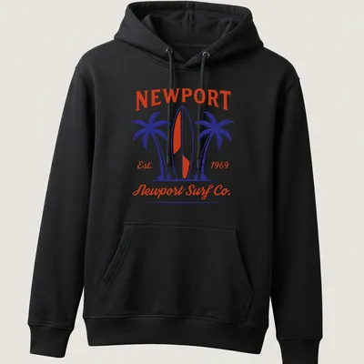 Vintage badge design featuring surfboard and palm trees in red, blue, and white. — printed on a unisex hoodie