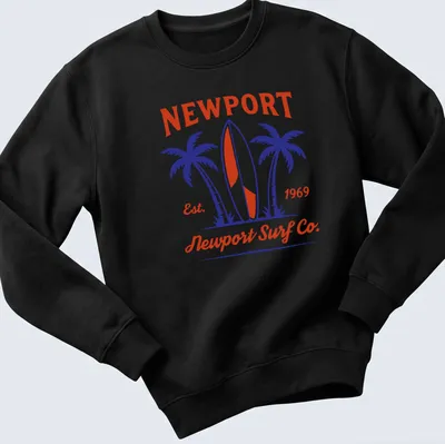 Vintage badge design featuring surfboard and palm trees in red, blue, and white. — printed on a unisex sweatshirt