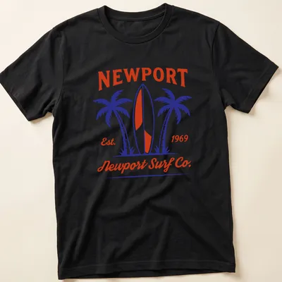 Vintage badge design featuring surfboard and palm trees in red, blue, and white.