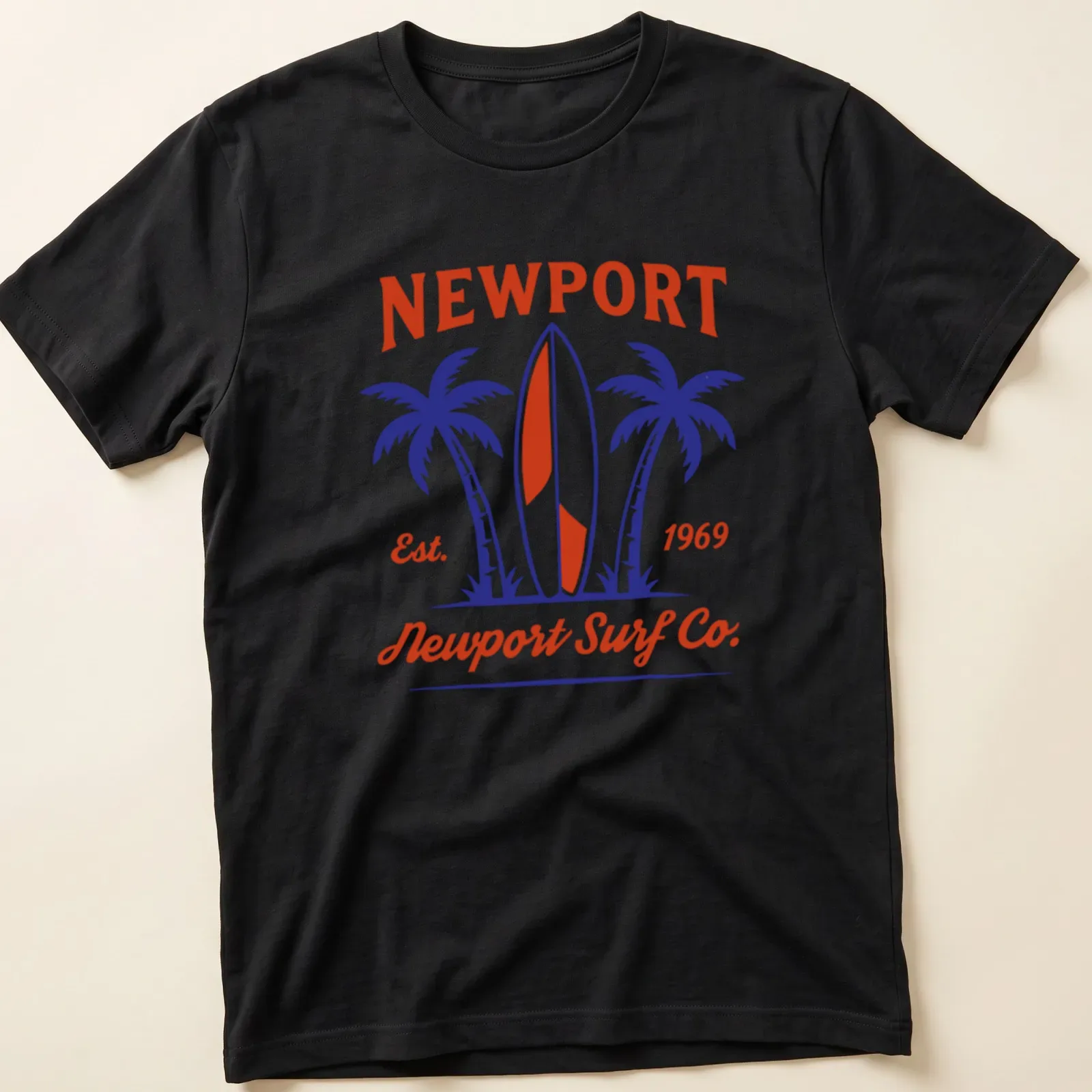 Vintage badge design featuring surfboard and palm trees in red, blue, and white. — printed on a unisex t-shirt