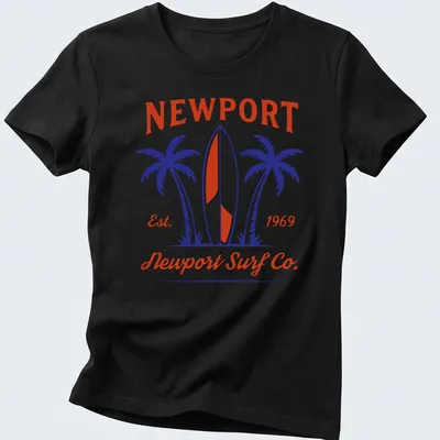 Vintage badge design featuring surfboard and palm trees in red, blue, and white. — printed on a women's shirt