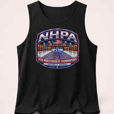 Vintage badge tee featuring NHPA 2026 World Doubles Championships details — printed on a tank top