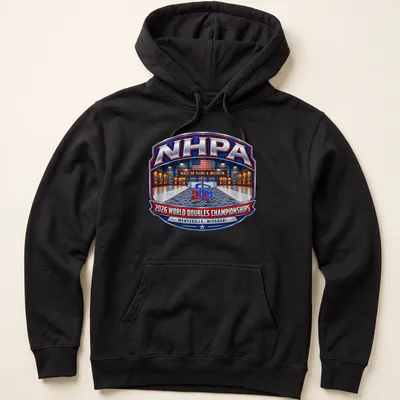 Vintage badge tee featuring NHPA 2026 World Doubles Championships details — printed on a unisex hoodie