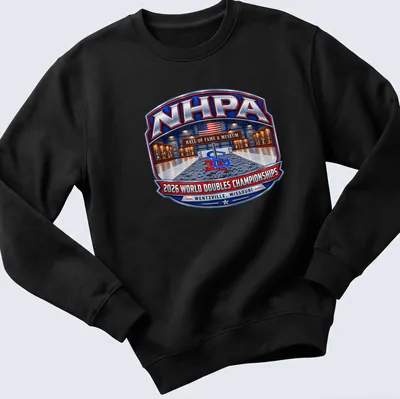 Vintage badge tee featuring NHPA 2026 World Doubles Championships details — printed on a unisex sweatshirt