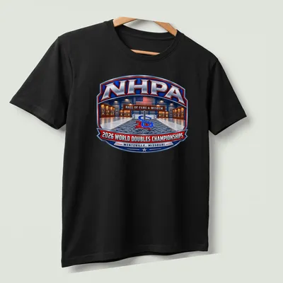 Vintage badge tee featuring NHPA 2026 World Doubles Championships details — printed on a unisex t-shirt (angled view)