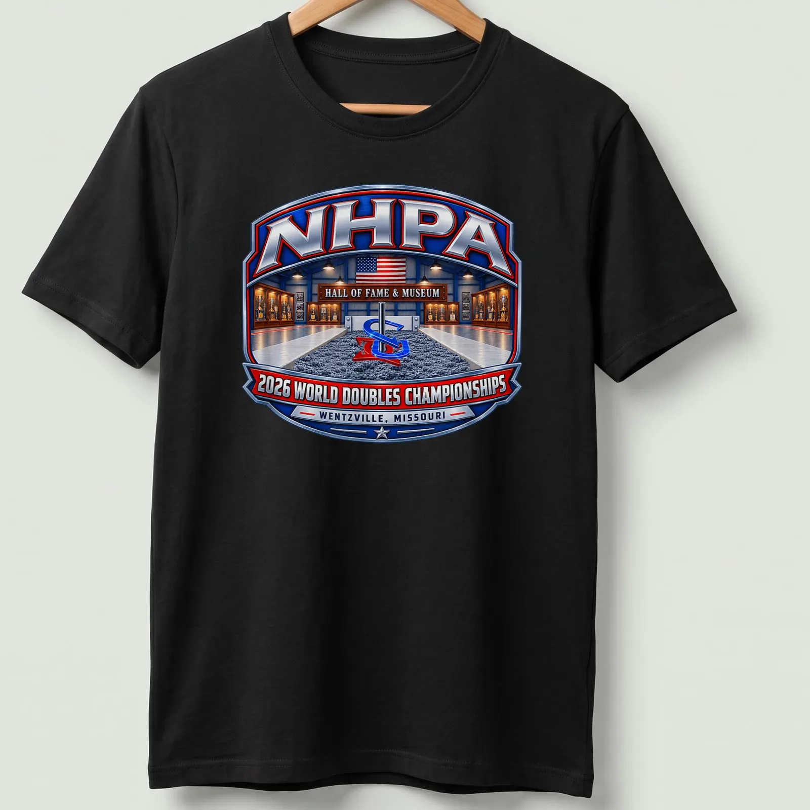 Vintage badge tee featuring NHPA 2026 World Doubles Championships details — printed on a unisex t-shirt