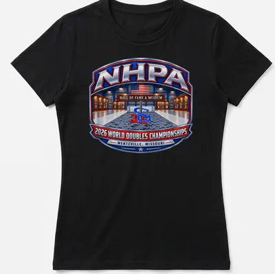 Vintage badge tee featuring NHPA 2026 World Doubles Championships details — printed on a women's shirt