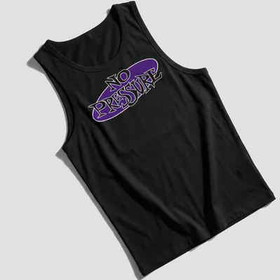 Playful typography t-shirt featuring the text 'NO PRESSURE' in purple and white — printed on a tank top