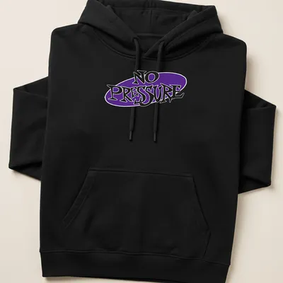 Playful typography t-shirt featuring the text 'NO PRESSURE' in purple and white — printed on a unisex hoodie