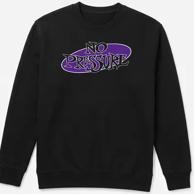 Playful typography t-shirt featuring the text 'NO PRESSURE' in purple and white — printed on a unisex sweatshirt