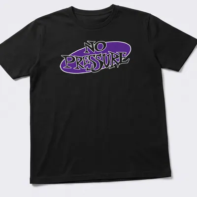 Playful typography t-shirt featuring the text 'NO PRESSURE' in purple and white