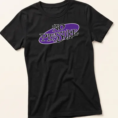 Playful typography t-shirt featuring the text 'NO PRESSURE' in purple and white — printed on a women's shirt