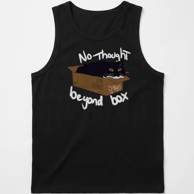 Whimsical illustration of a black cat in a cardboard box with playful text — printed on a tank top