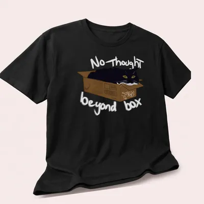 Whimsical illustration of a black cat in a cardboard box with playful text — printed on a unisex t-shirt (angled view)