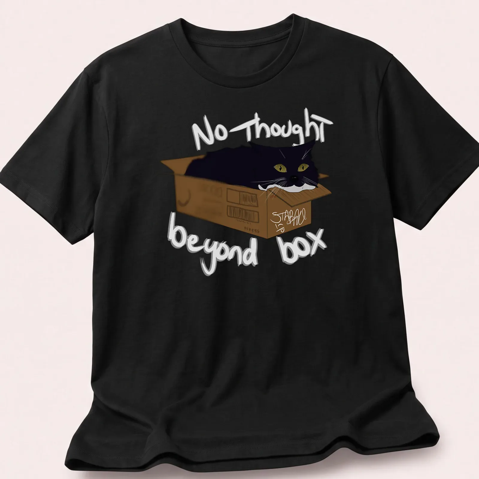 Whimsical illustration of a black cat in a cardboard box with playful text — printed on a unisex t-shirt