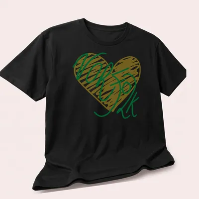 Heart-shaped Norfolk design in handwritten typography — printed on a unisex t-shirt (angled view)