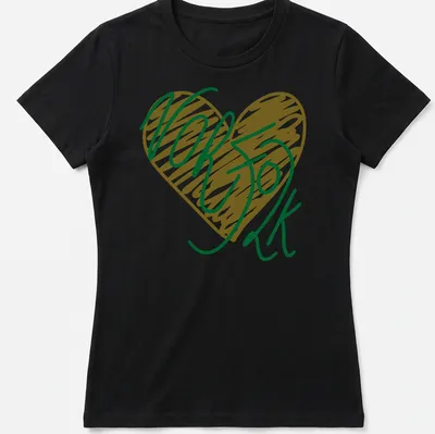 Heart-shaped Norfolk design in handwritten typography — printed on a women's shirt