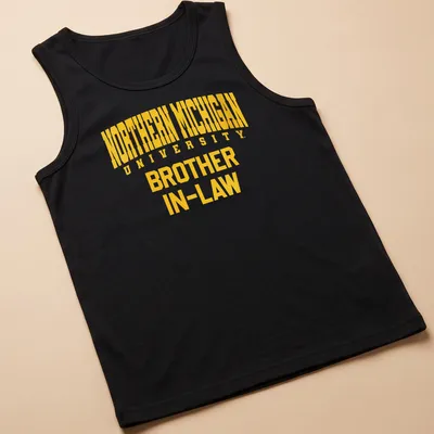Bold collegiate Northern Michigan University Brother In-Law t-shirt in yellow and white — printed on a tank top