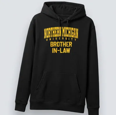 Bold collegiate Northern Michigan University Brother In-Law t-shirt in yellow and white — printed on a unisex hoodie