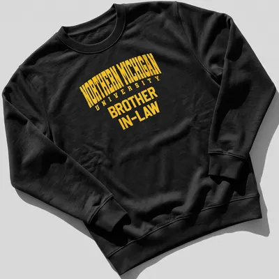 Bold collegiate Northern Michigan University Brother In-Law t-shirt in yellow and white — printed on a unisex sweatshirt