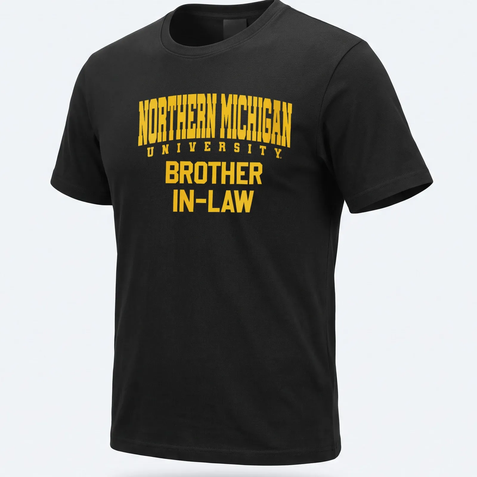 Bold collegiate Northern Michigan University Brother In-Law t-shirt in yellow and white — printed on a unisex t-shirt