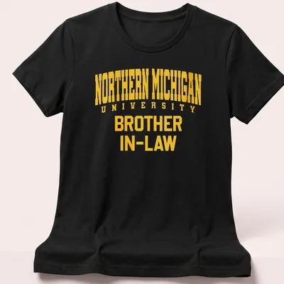 Bold collegiate Northern Michigan University Brother In-Law t-shirt in yellow and white — printed on a women's shirt