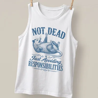 Vintage illustrated possum with text about avoiding responsibilities, in blue and white. — printed on a tank top