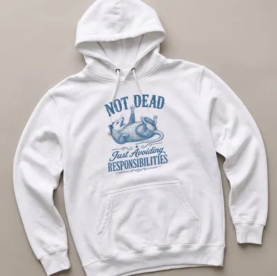 Vintage illustrated possum with text about avoiding responsibilities, in blue and white. — printed on a unisex hoodie