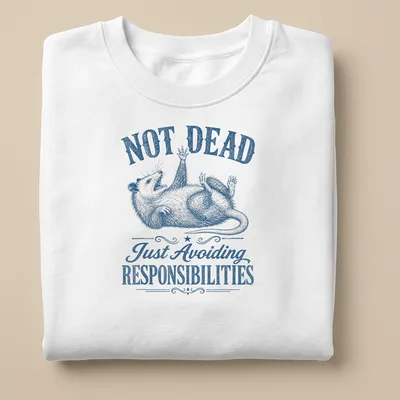 Vintage illustrated possum with text about avoiding responsibilities, in blue and white. — printed on a unisex sweatshirt