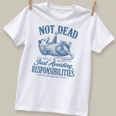 Vintage illustrated possum with text about avoiding responsibilities, in blue and white.