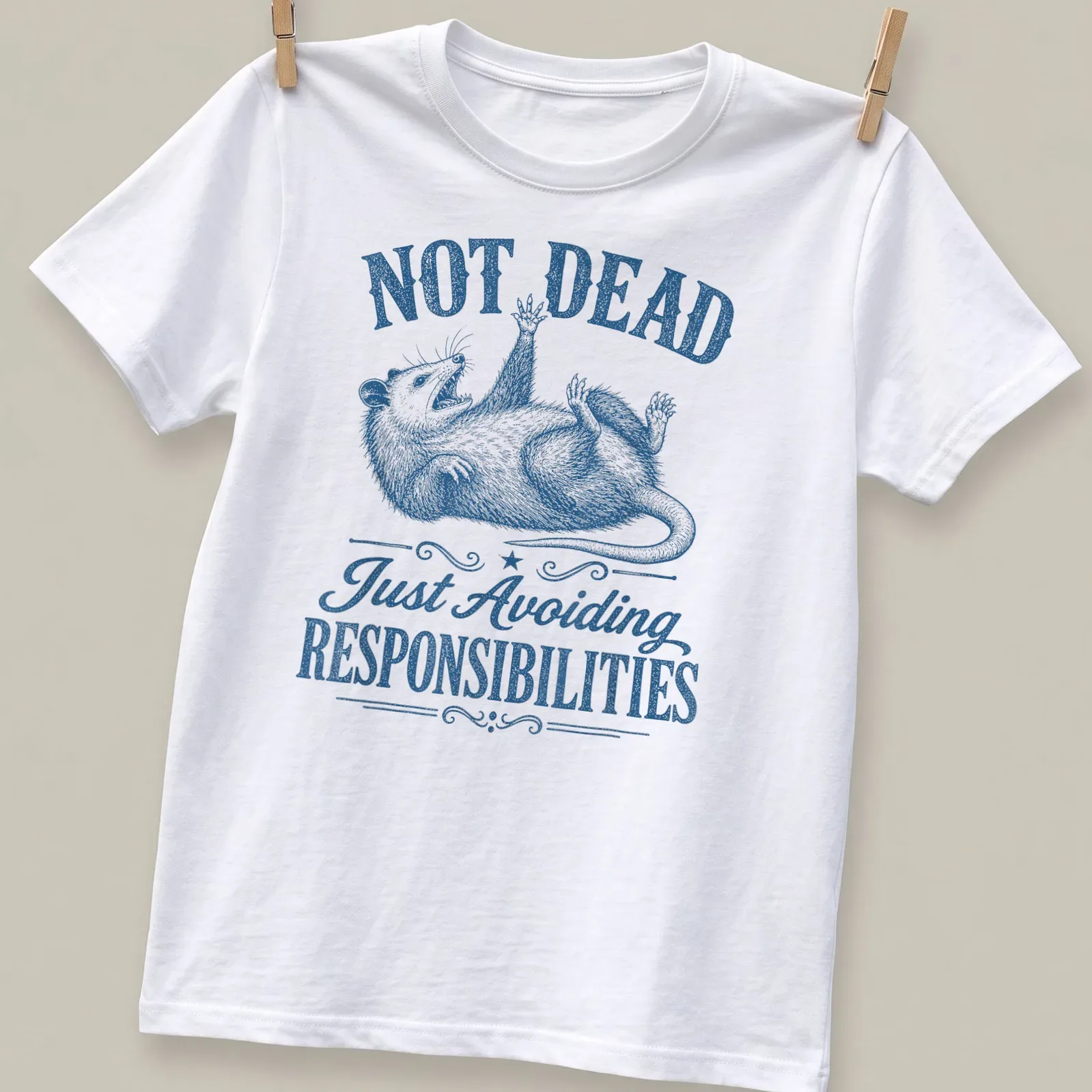 Vintage illustrated possum with text about avoiding responsibilities, in blue and white. — printed on a unisex t-shirt
