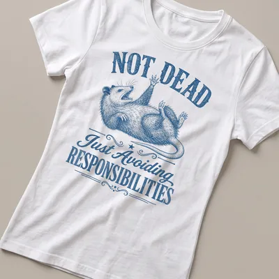 Vintage illustrated possum with text about avoiding responsibilities, in blue and white. — printed on a women's shirt